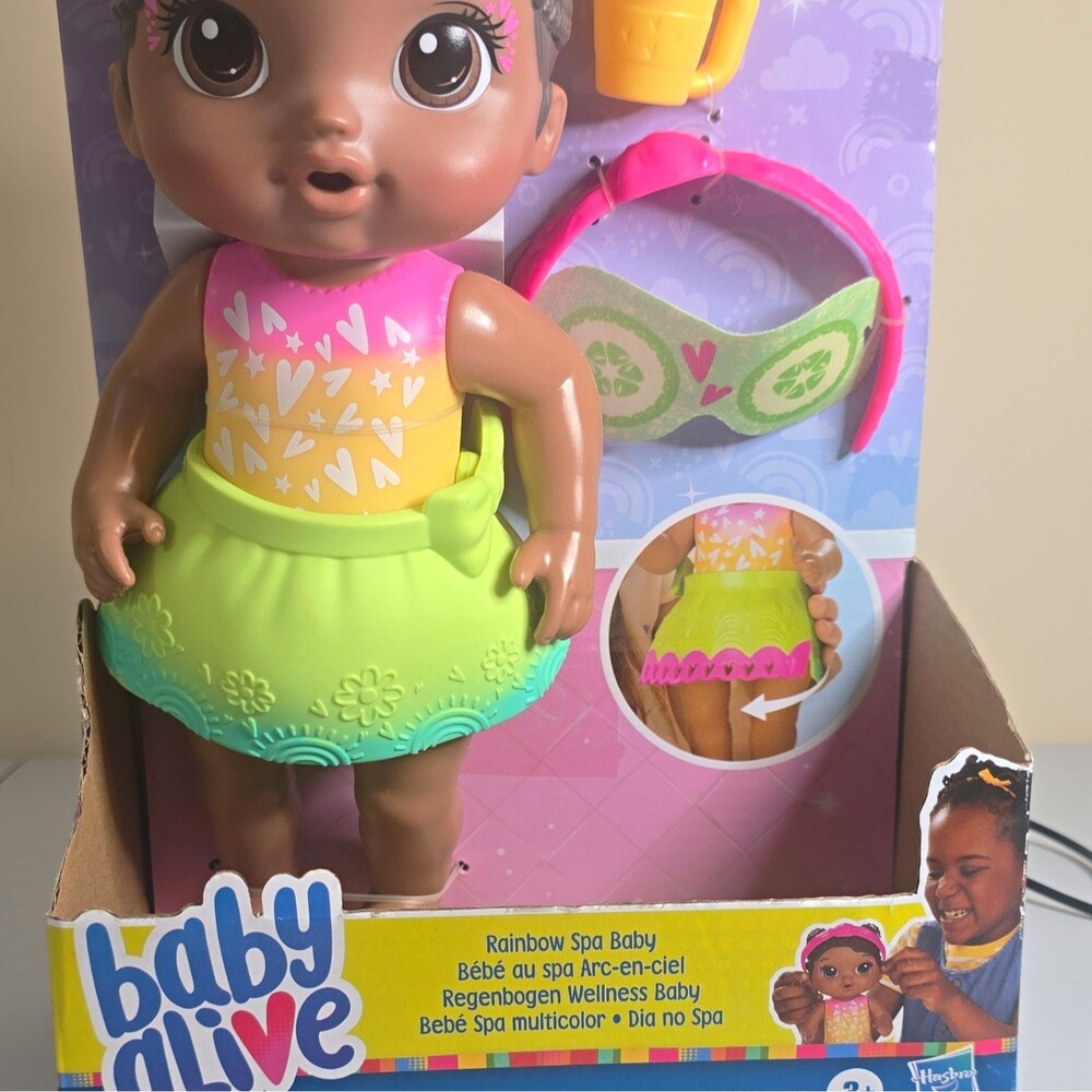 Hasbro Baby Alive Rainbow Spa Interactive Doll 8in Dark Brown Eyes w/ Accs B2